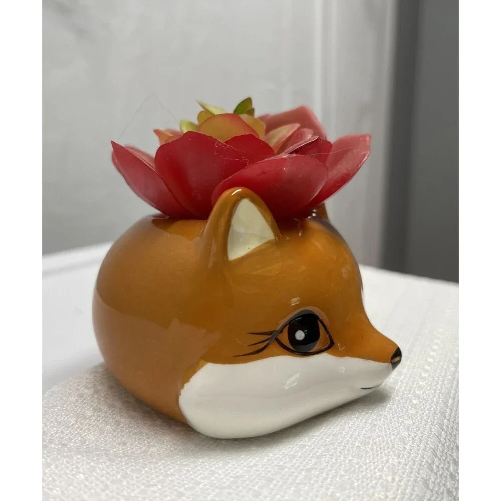 Fox Head Faux Succulent Plant Figural Small Ceramic Vase Home Decor 3.5
